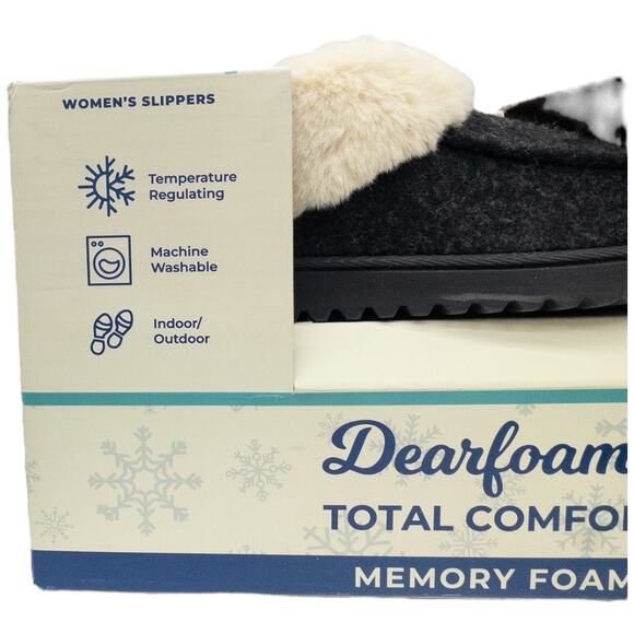 Dearfoams Women's Memory Foam Slippers Faux Fur Slip On Indoor Outdoor Black - Picture 3 of 4